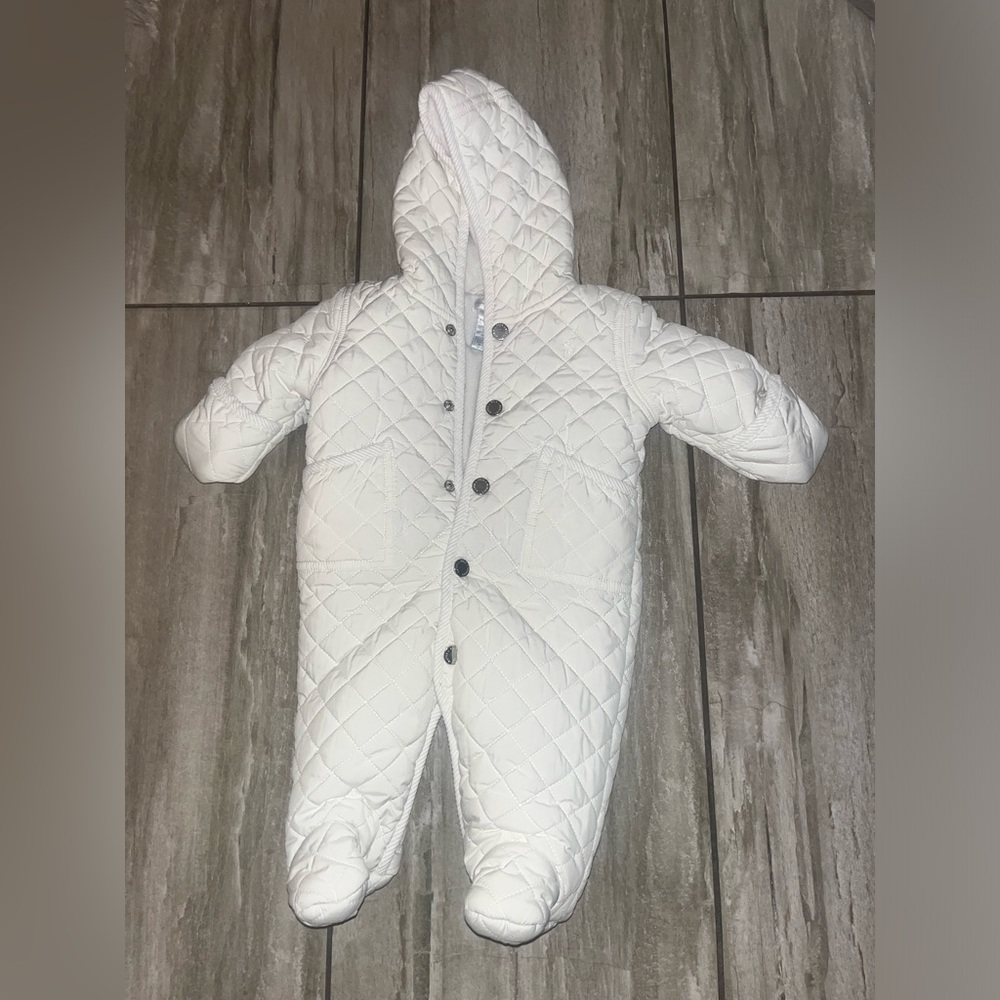 Quilted White Hooded Baby Snowsuit